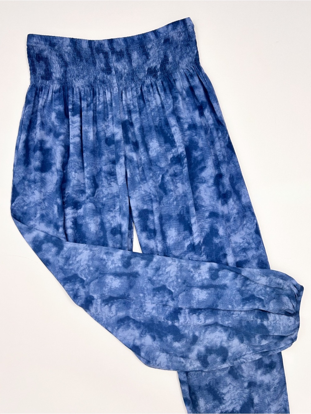 Lotus And Luna Blue Tie-Dye Rayon Wide Leg Smocked Waist Harem Pants MEDIUM